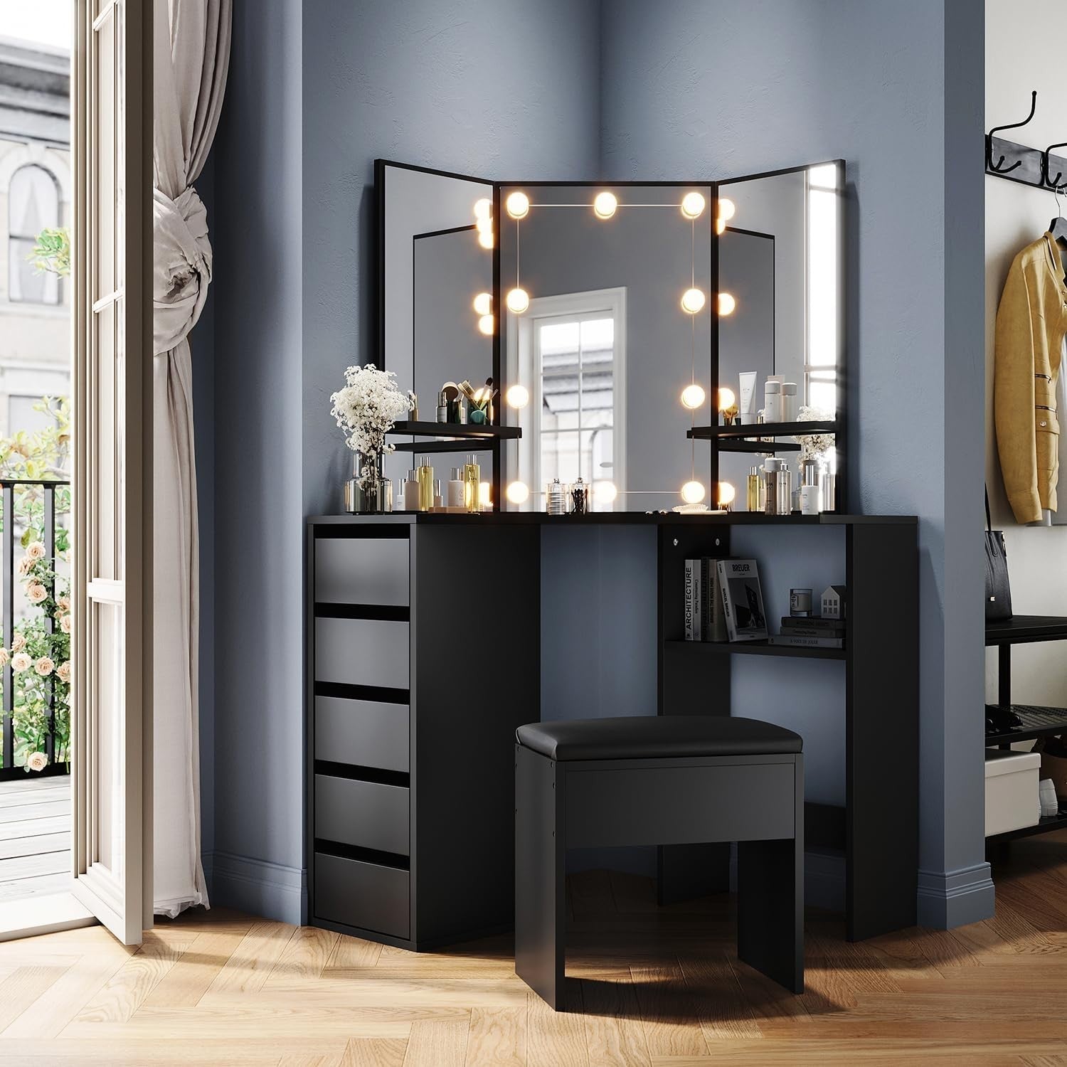 Corner Makeup Vanity Table Desk Black 5 Drawer 3-Angle Mirror Small Space