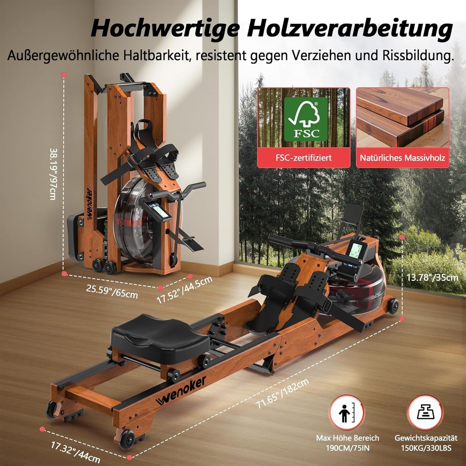 Foldable Wooden Water Rowing Machine Bluetooth LCD Quiet Dual Rail Home Gym