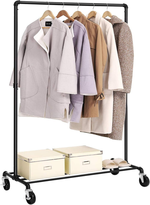Heavy Duty Clothes Rail with Wheels & Shelf – Black, 90KG