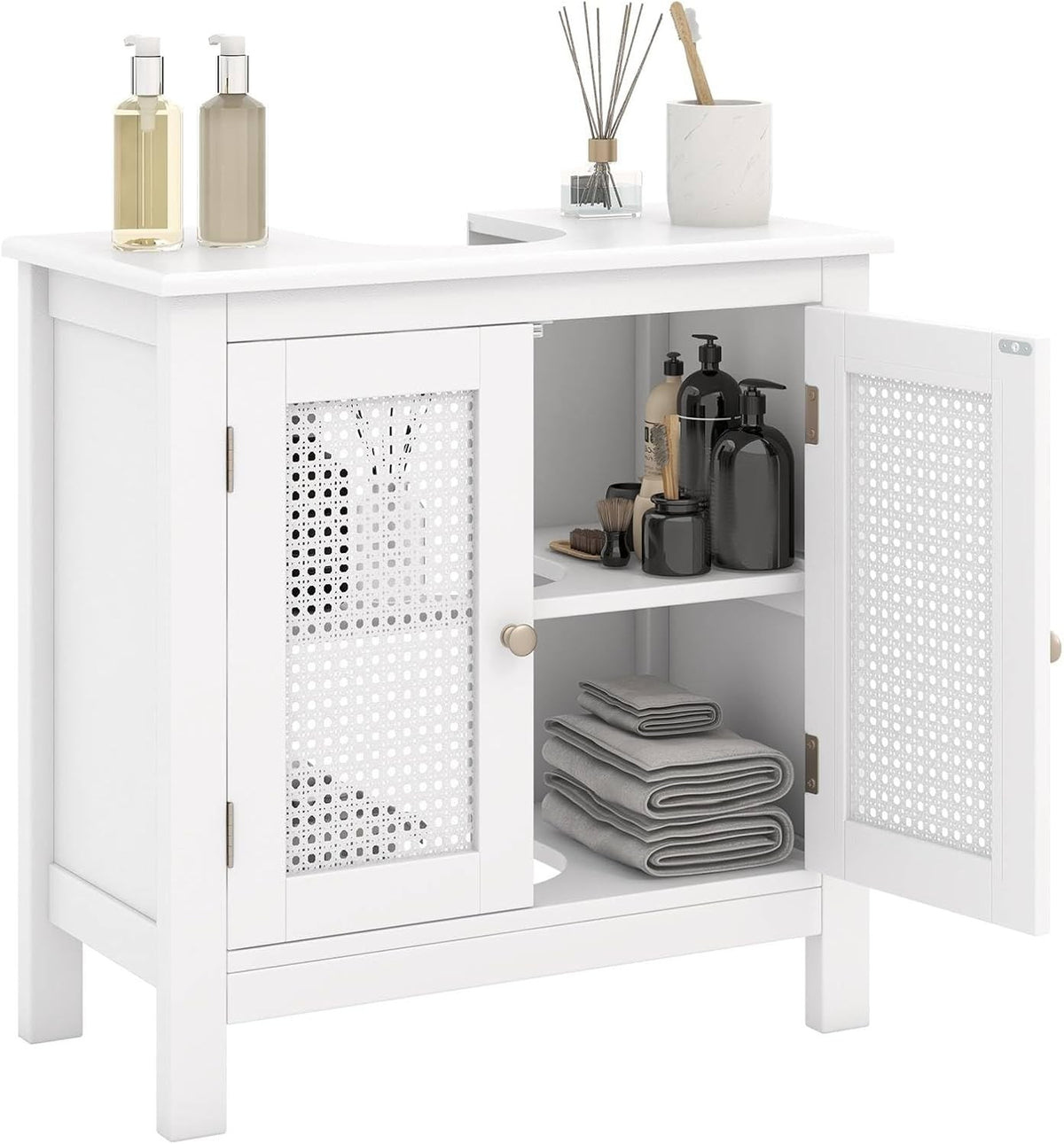 White Under Sink Bathroom Cabinet with Rattan Doors – Freestanding Storage Unit