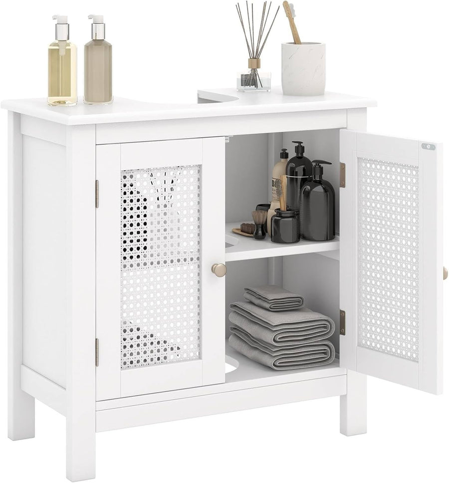 White Under Sink Bathroom Cabinet with Rattan Doors – Freestanding Storage Unit