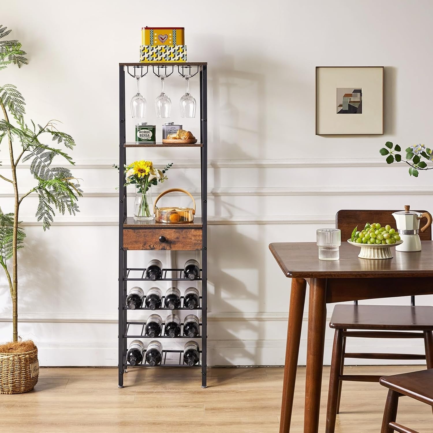Freestanding Wine Rack Bar Cabinet with Drawer 16 Bottle Storage Shelf
