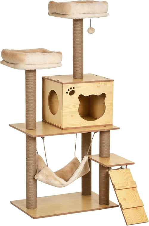 Large Cat Tree Tower 130cm Wooden Multi Level Scratching Posts Hammock Condo