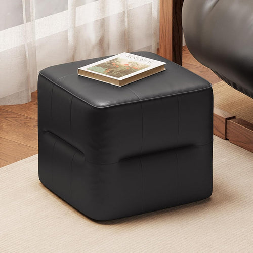 Black PU Leather Square Vanity Stool – Modern Low Footrest Ottoman