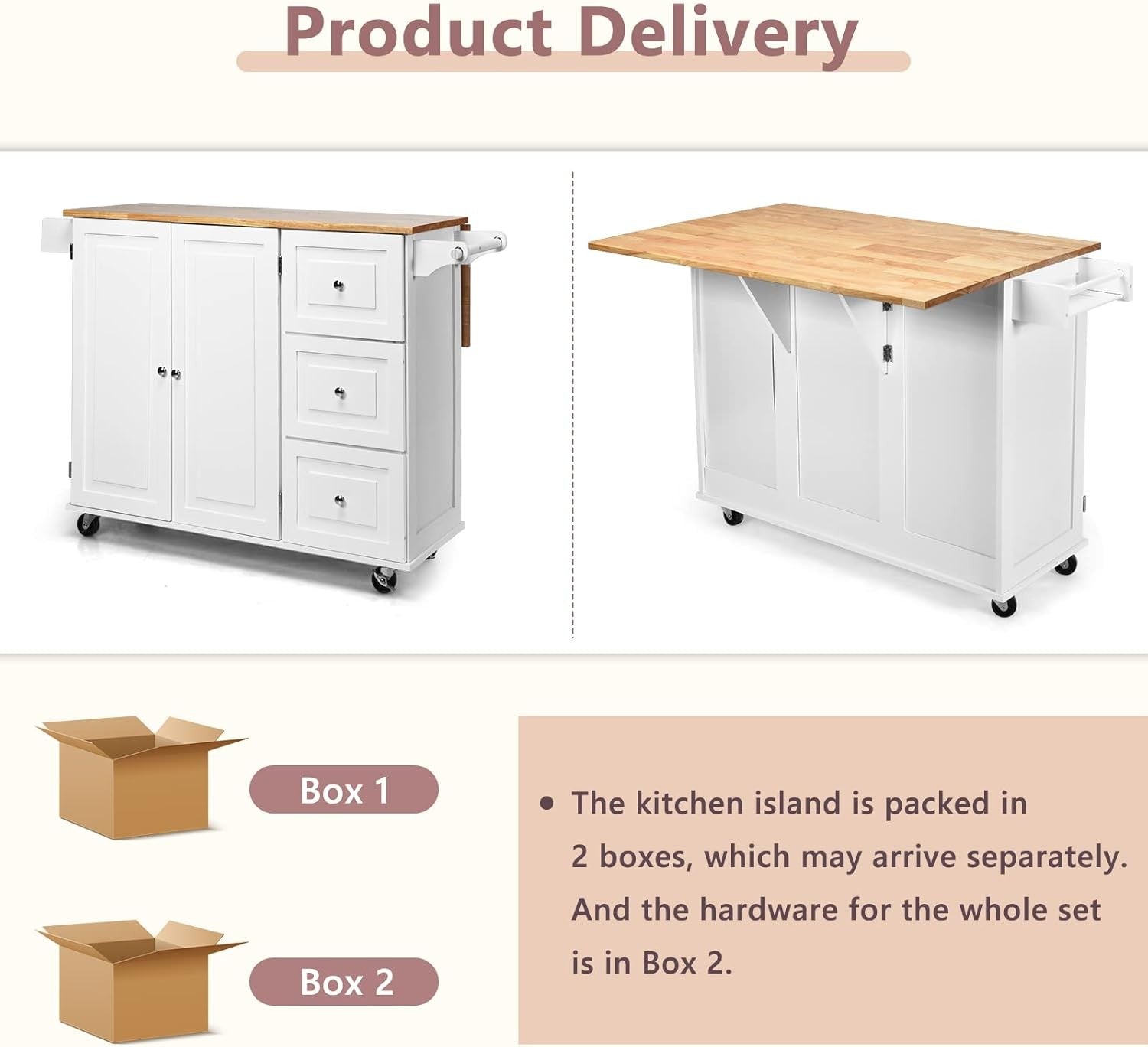 Large Kitchen Island Trolley Extendable Wood Top Storage Drawers Wheels