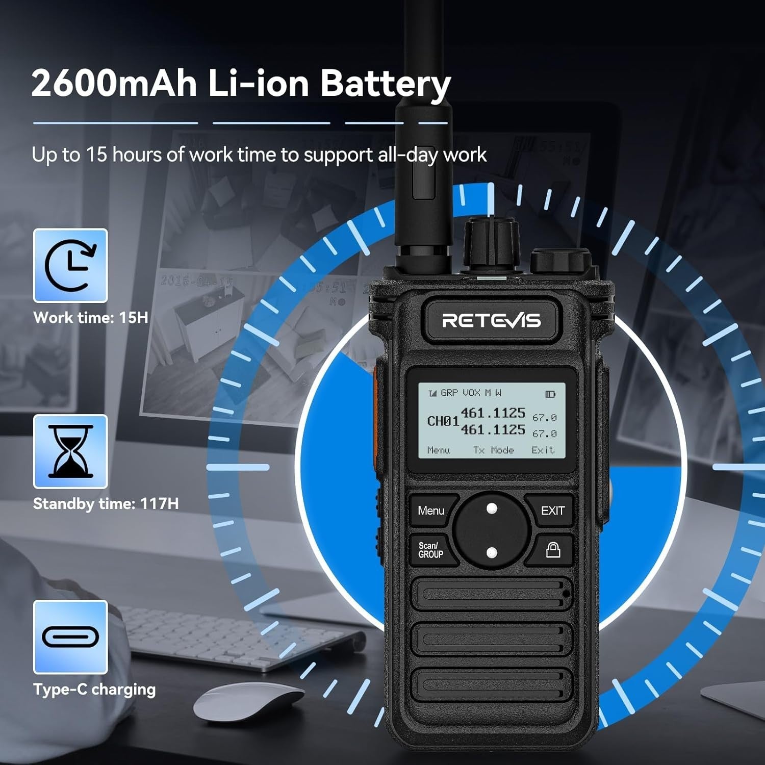 Professional Walkie Talkies 2 Pack Long Range 2600mAh LCD Speaker Mic