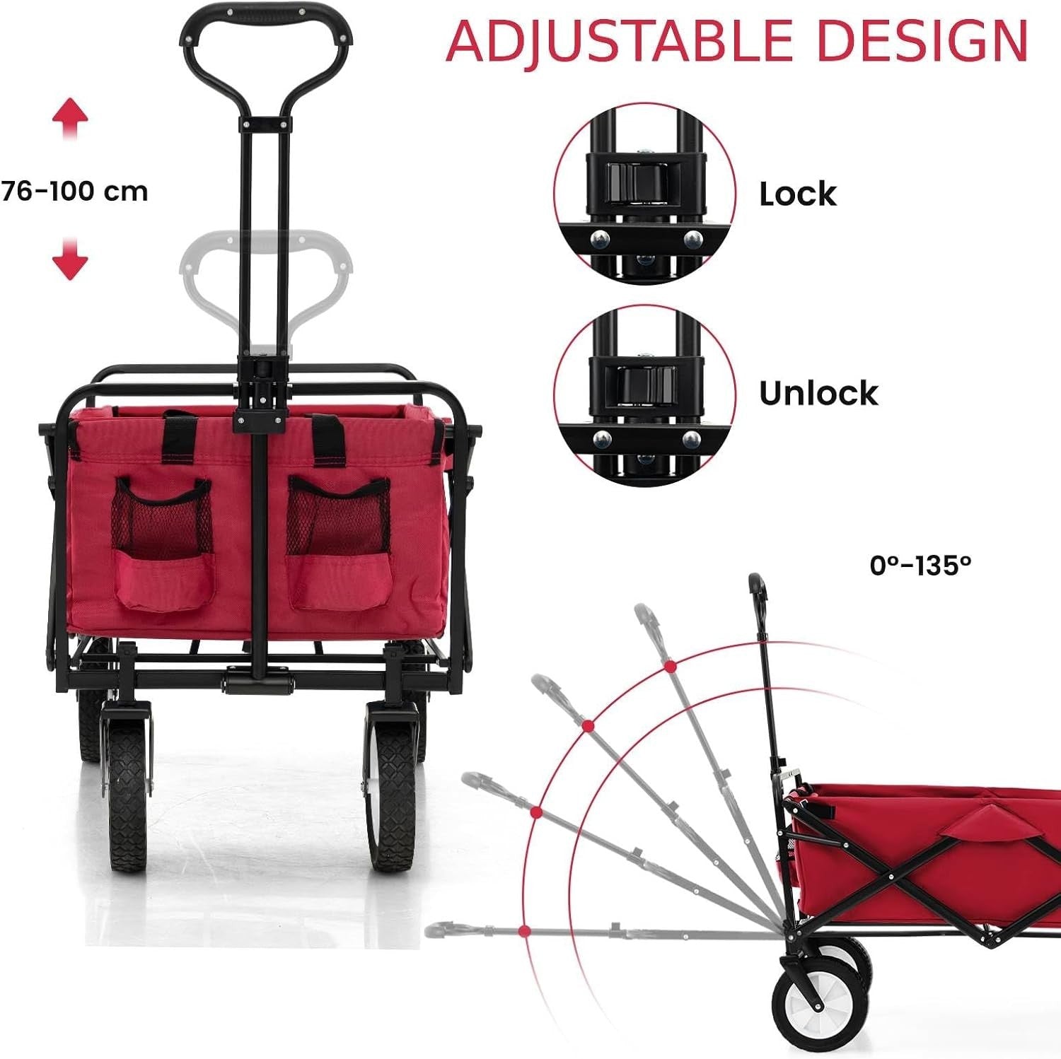 Folding Festival Trolley Wagon 82L Heavy Duty Cart All Terrain Wheels Red