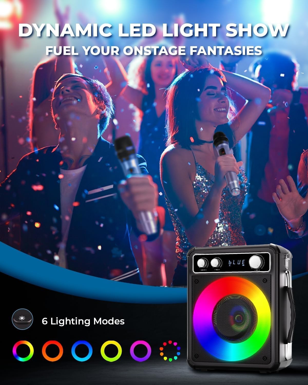 Karaoke Machine with 2 Wireless Mics Bluetooth Speaker LED