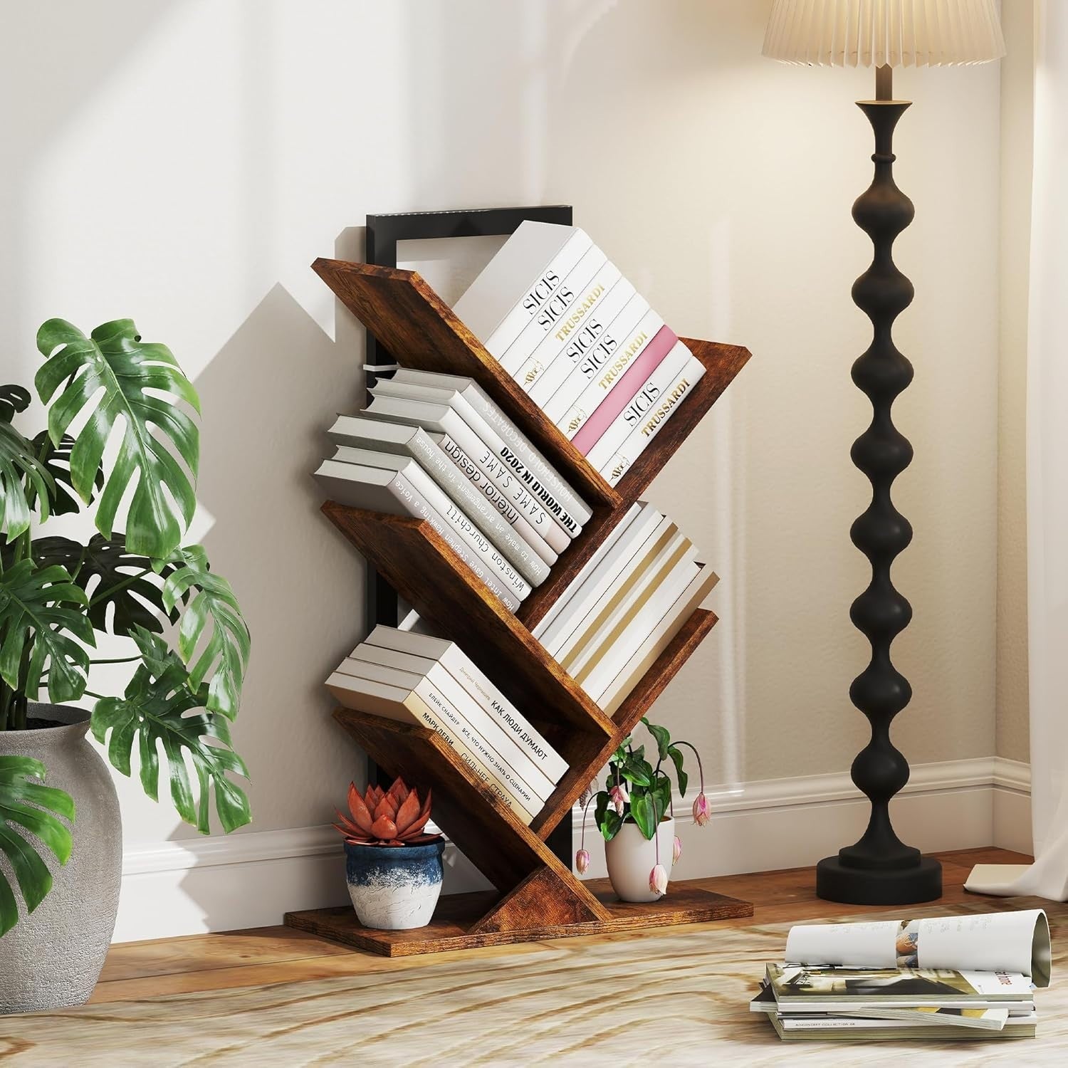 Industrial 5-Tier Tree Bookshelf with Steel Frame, Compact Storage Unit