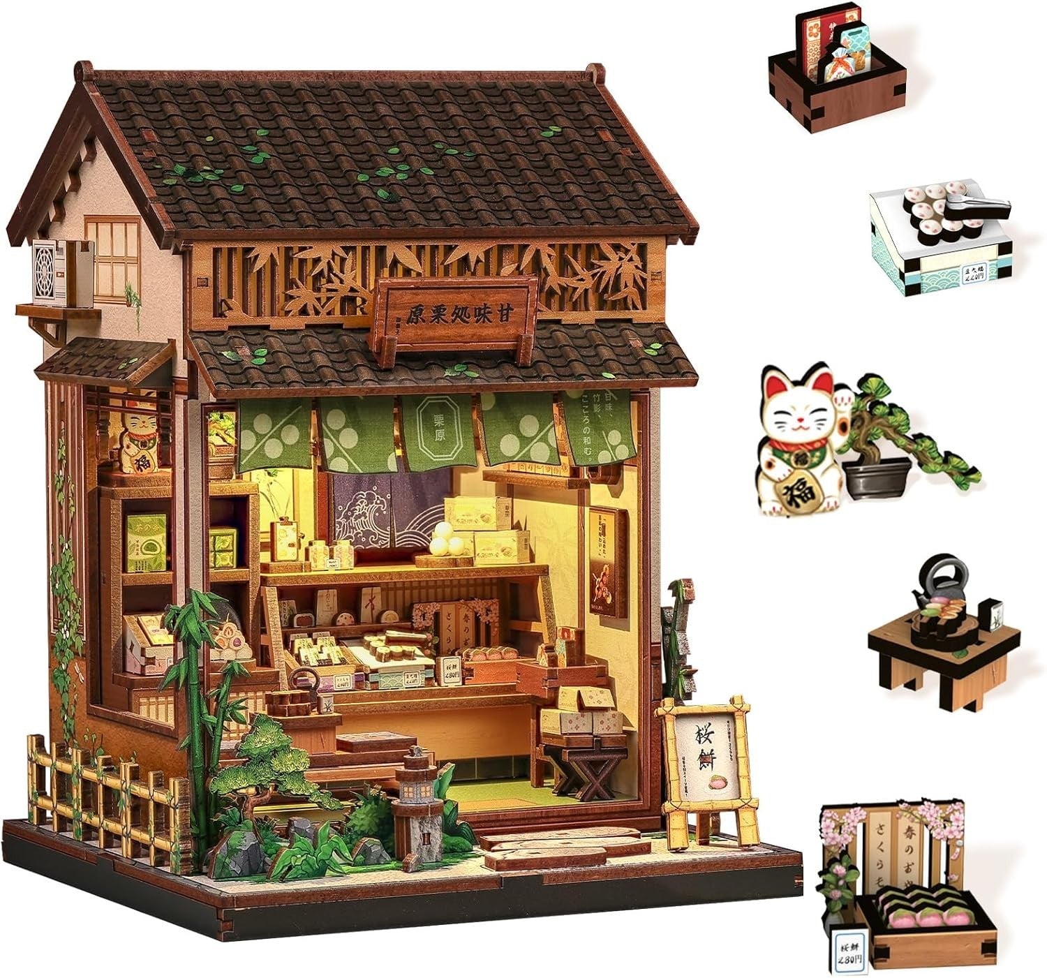 DIY Book Nook Kit Japanese Wagashi Shop LED Miniature Bookend Decor