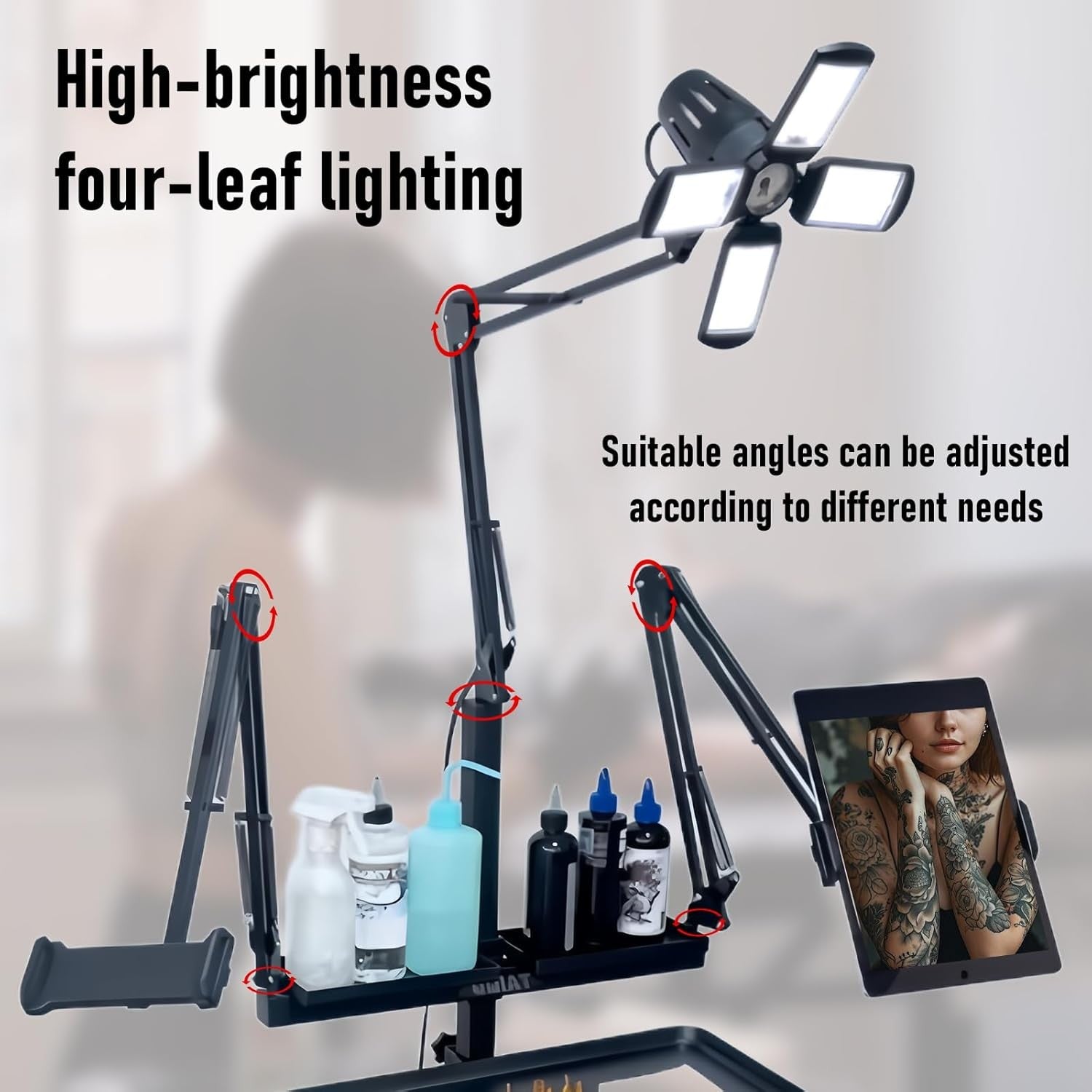 Professional Tattoo Workstation Rolling Tray LED Light Storage Adjustable Stand