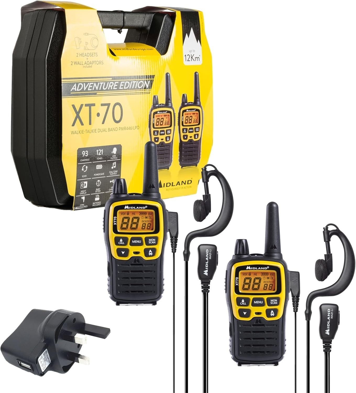 Professional Walkie Talkies 12km Dual Band Fast Charge 2 Pack Yellow