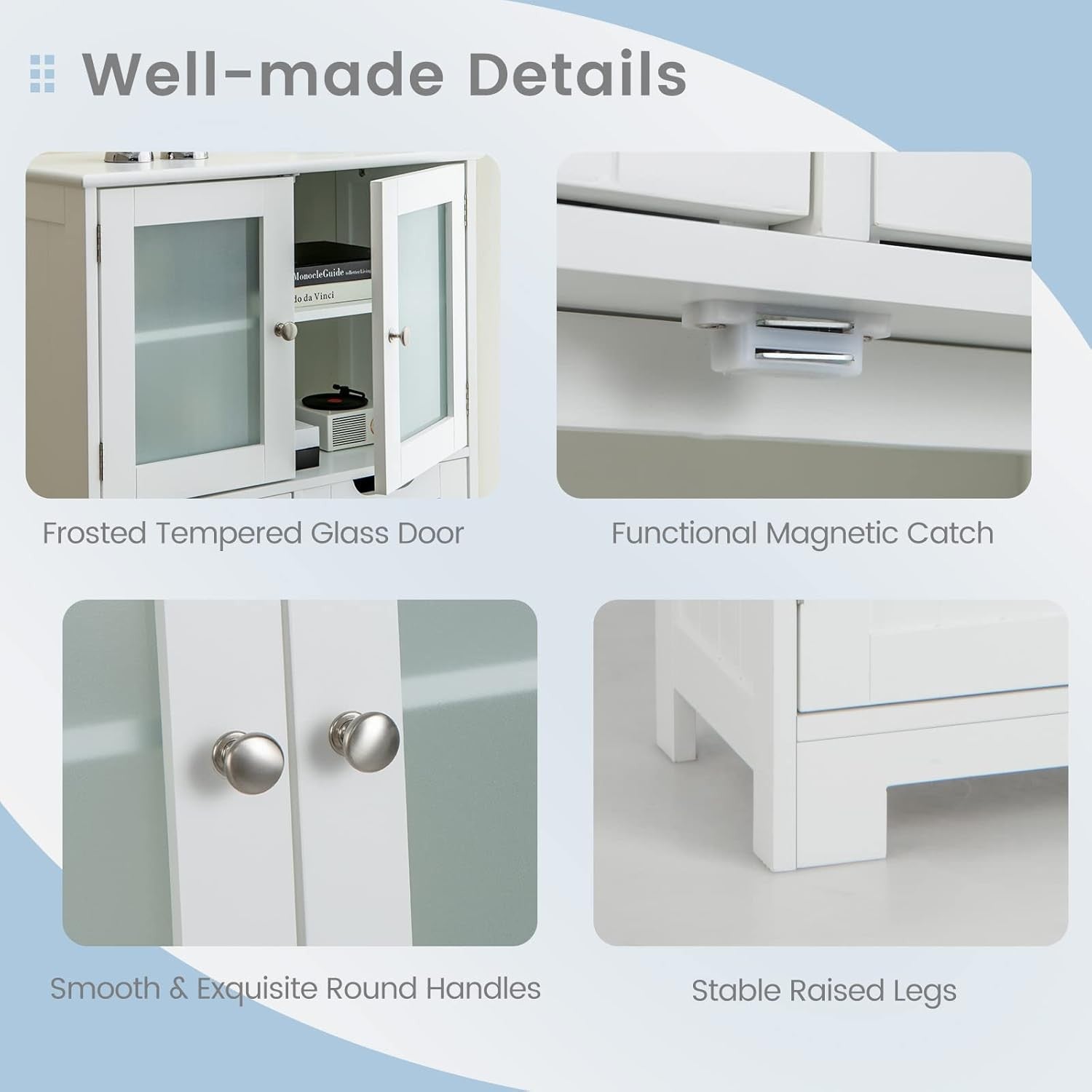White Freestanding Storage Cabinet with Glass Doors & Drawers Shelves