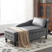 Velvet Chaise Lounge Sofa with Storage, Button Tufted, Grey, Right Armrest