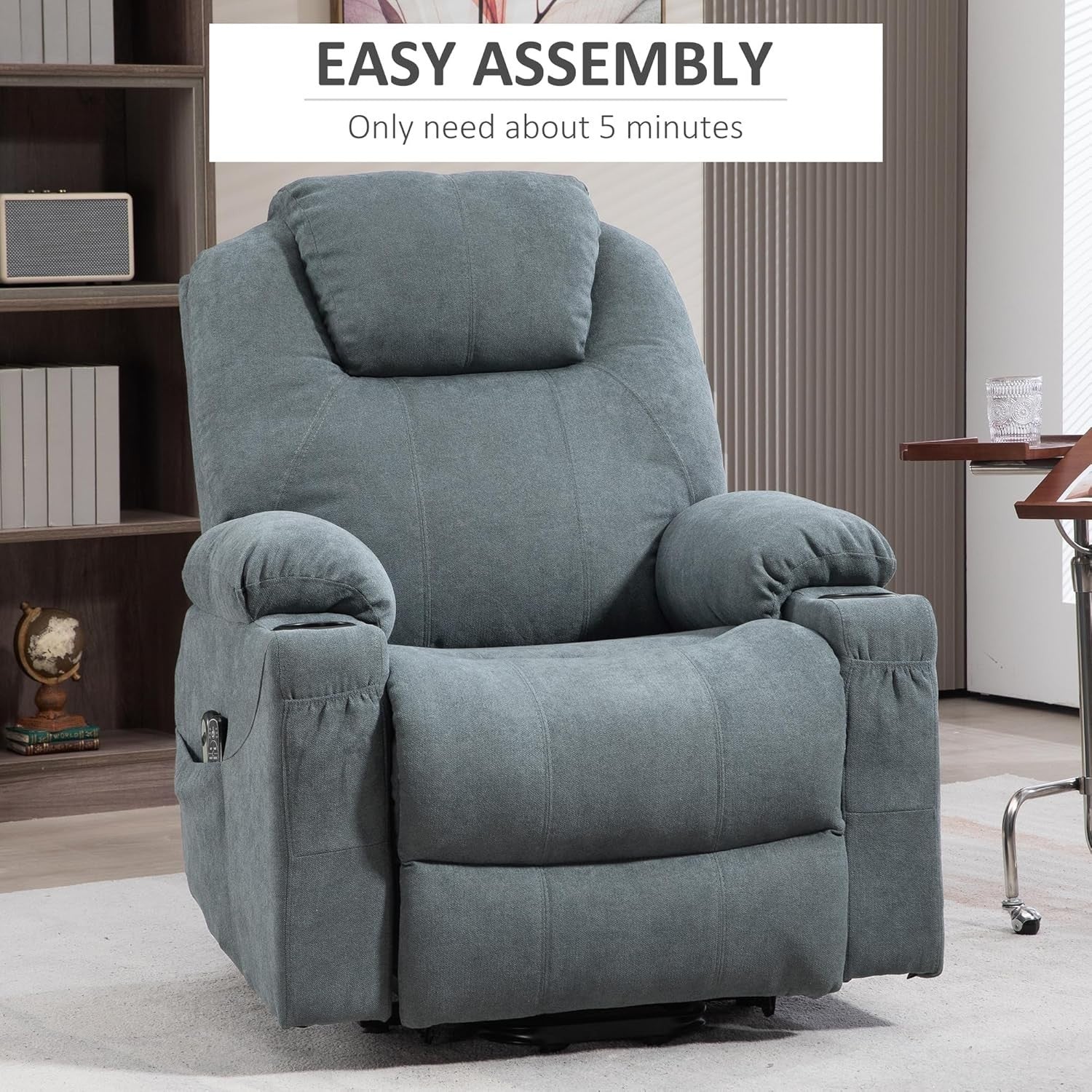 Charcoal Grey Riser Recliner Chair Massage Heat Lift Armchair with Cup Holders