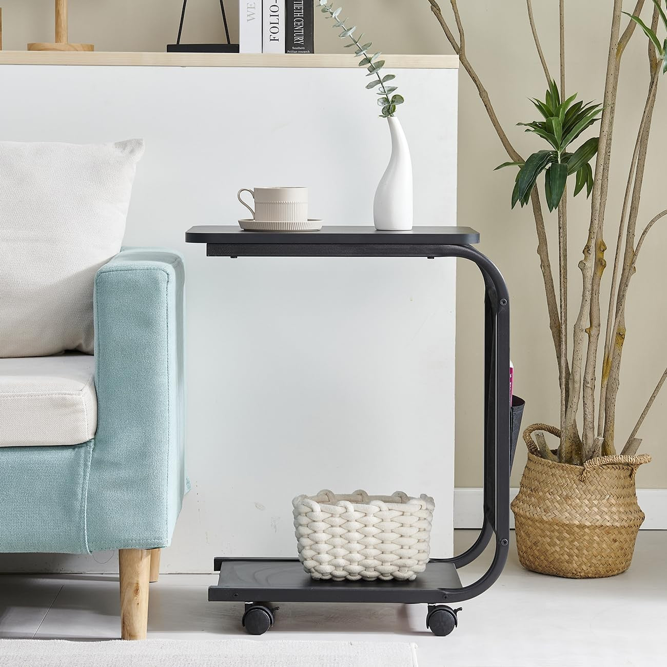 Black Modern Side Table with 2-Tier Storage Shelf – Slim Sofa End Table on Wheel