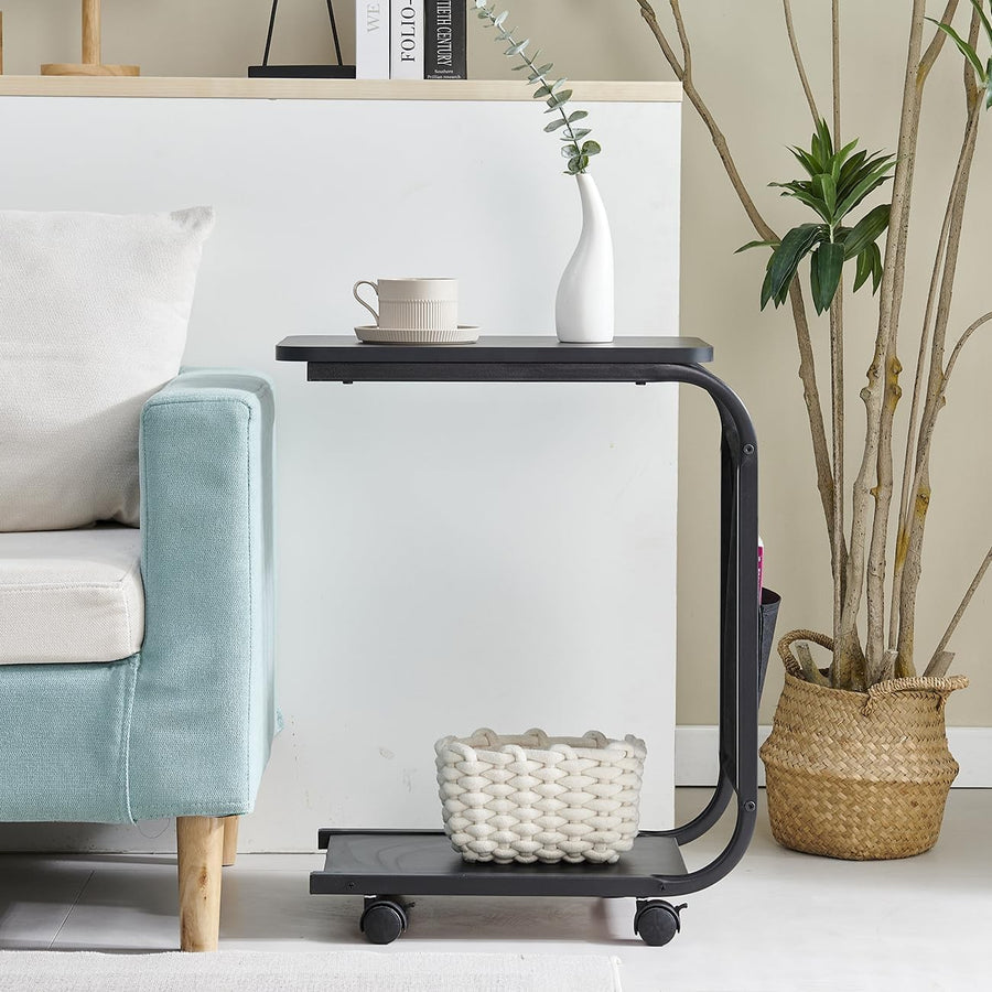 Black Modern Side Table with 2-Tier Storage Shelf – Slim Sofa End Table on Wheel
