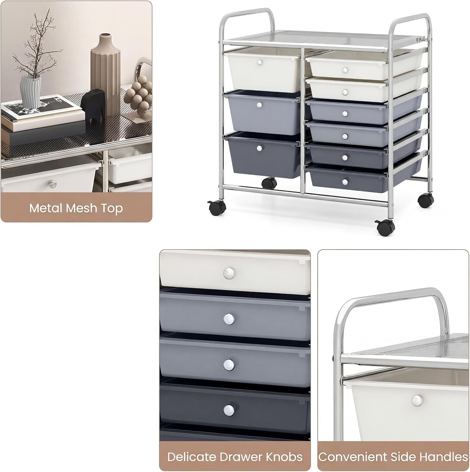 Gradient Grey 9 Drawer Rolling Utility Cart Home Office Organizer