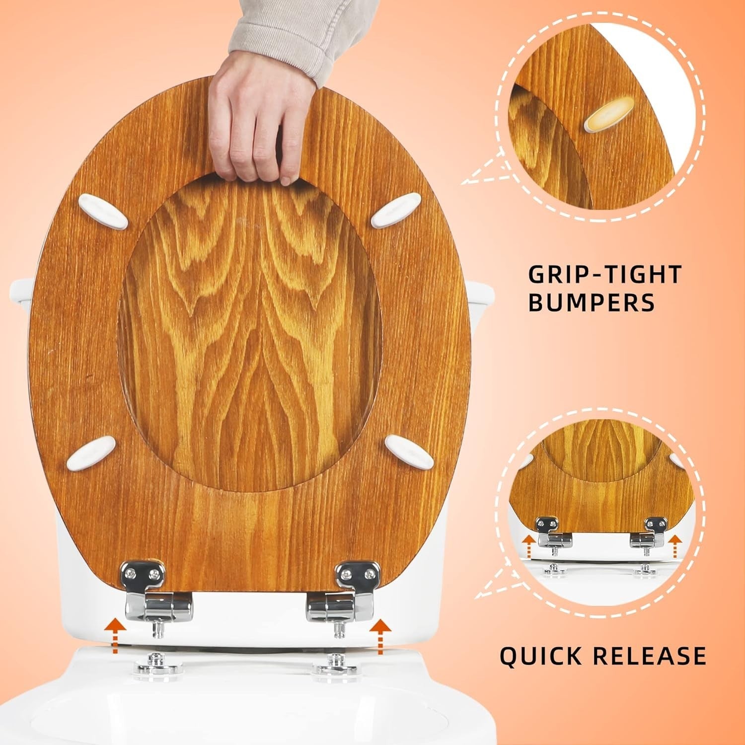 Antibacterial Wooden Toilet Seat Soft Close Quick Release Oval Oak 45x37cm