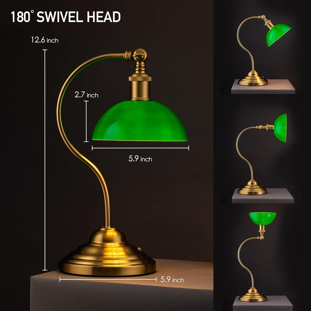 Cordless LED Desk Lamp with USB-C, 3-Level Dimming & 180° Swivel, Green Glass