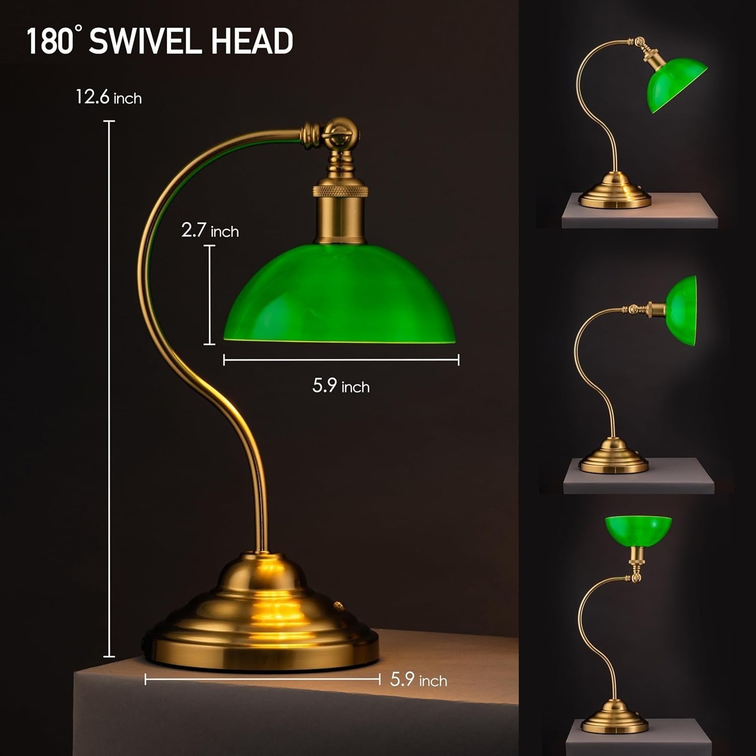 Cordless LED Desk Lamp with USB-C, 3-Level Dimming & 180° Swivel, Green Glass