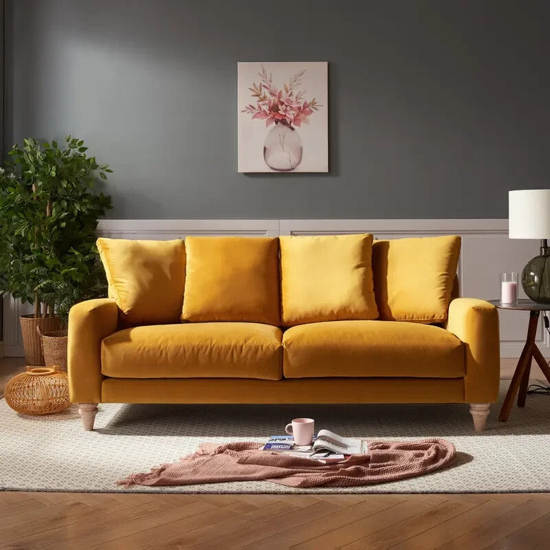 3 Seater Mustard Velvet Sofa Scatter Back Cushions Deep Comfy Seat