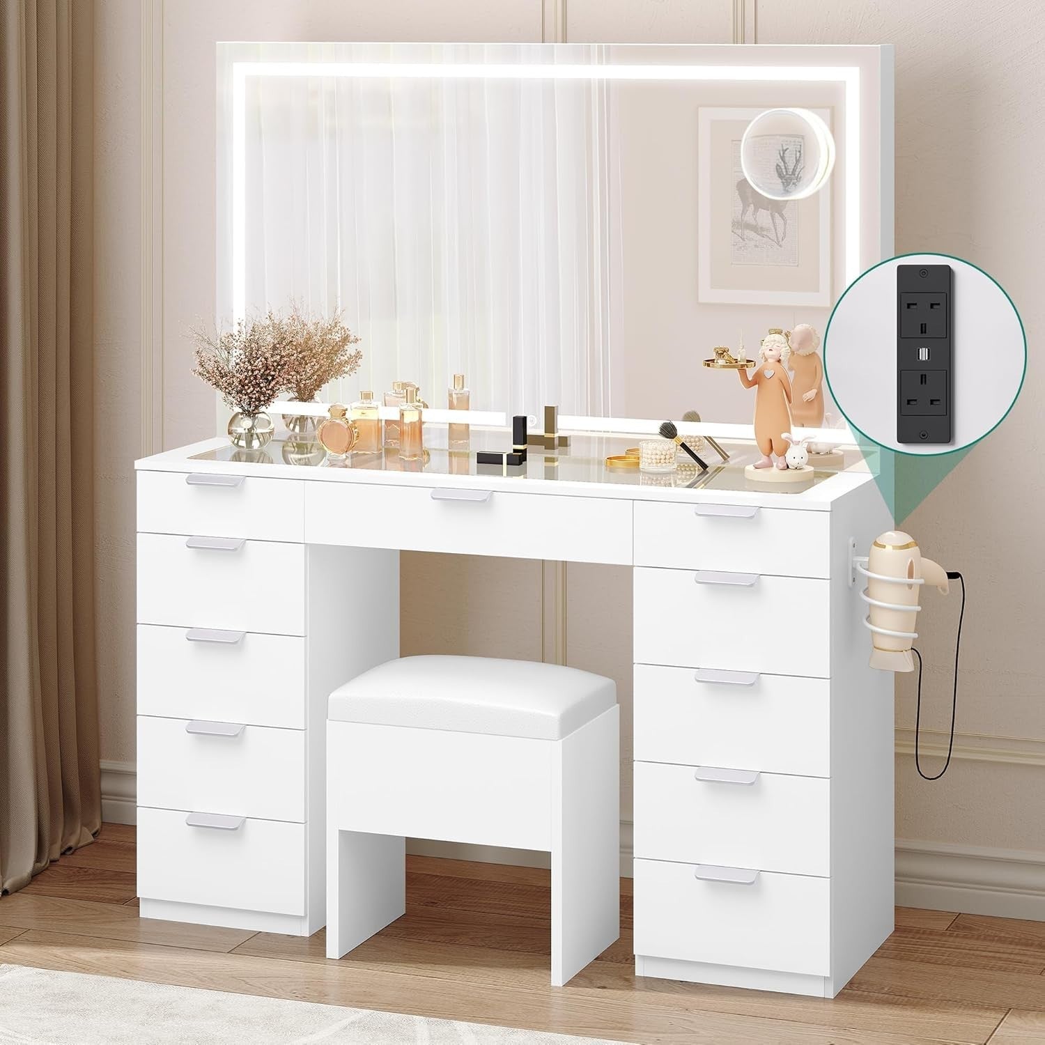 11-Drawer Makeup Vanity Desk with LED Light Mirror, Glass Top & Charging Station