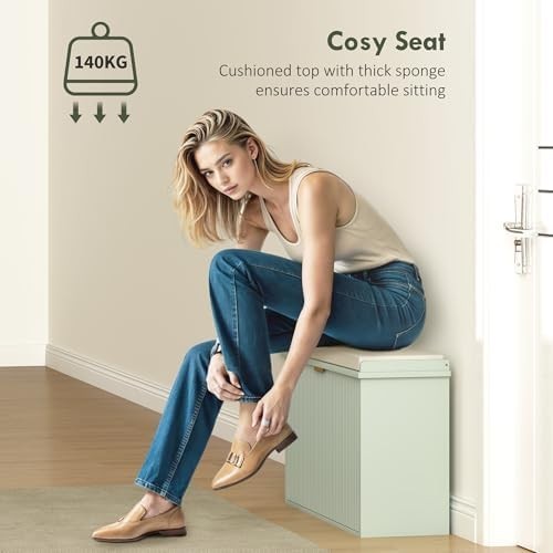 Green Shoe Storage Bench with Cushion & Flip Drawer – Modern Hallway Unit