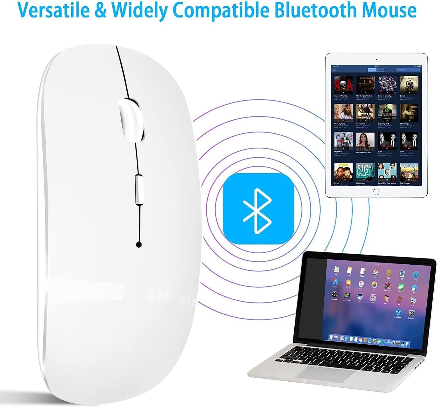 Wireless Bluetooth Mouse Rechargeable Slim Silent Click USB White