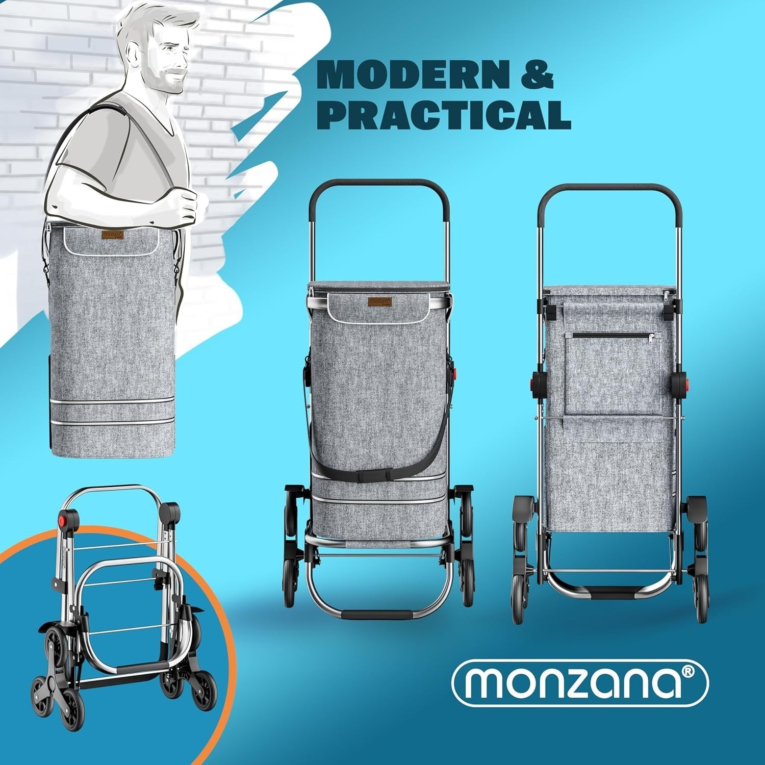 3in1 Foldable Stair Climber Shopping Trolley 56L 50kg w/ Cooler Grey