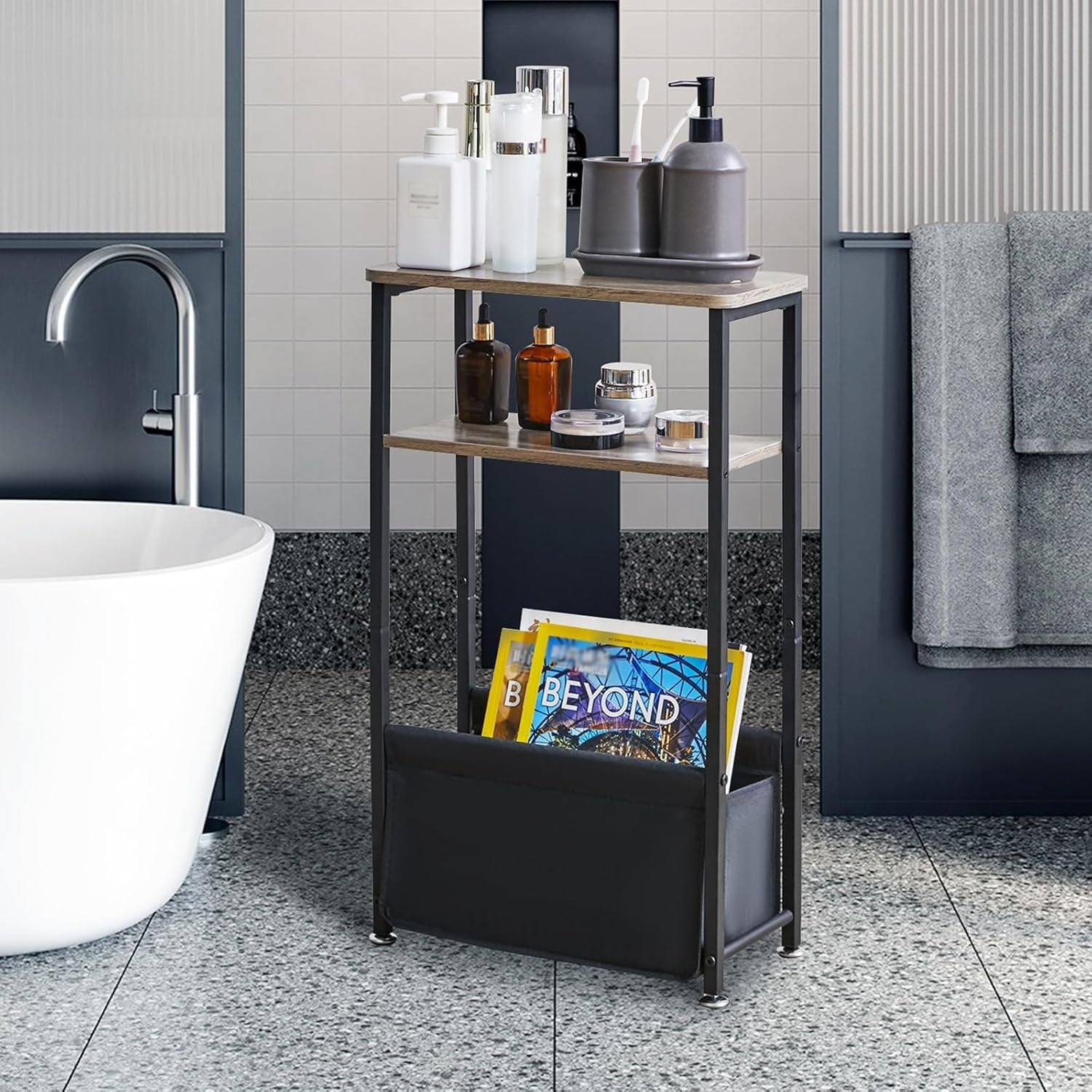 Slim 3-Tier Side Table with Storage Basket – Narrow Bedside/End Table for Small