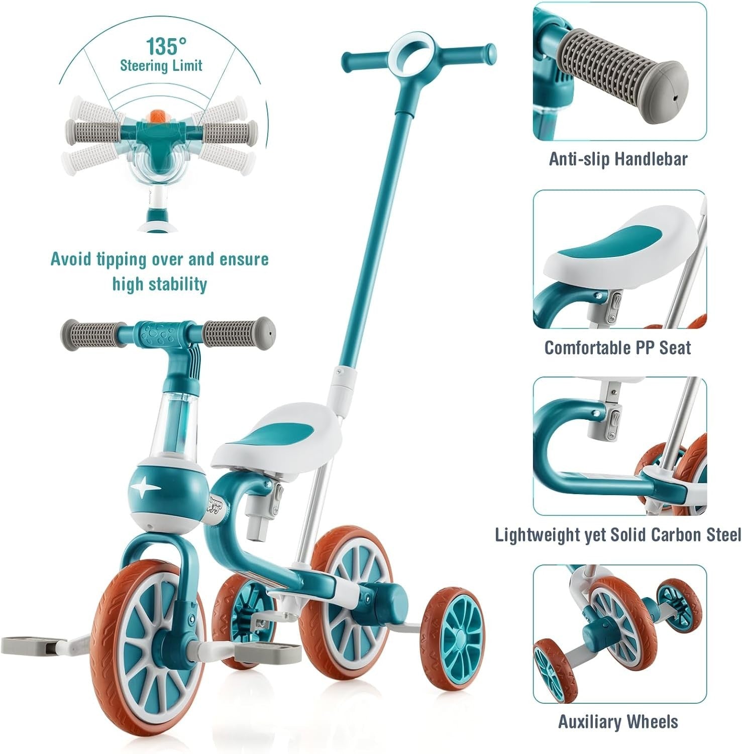 4 in 1 Kids Trike Balance Bike Push Tricycle Adjustable Handle Green