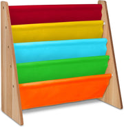 Kids Wooden Sling Book Rack – 4-Tier Colourful Fabric Bookshelf Storage