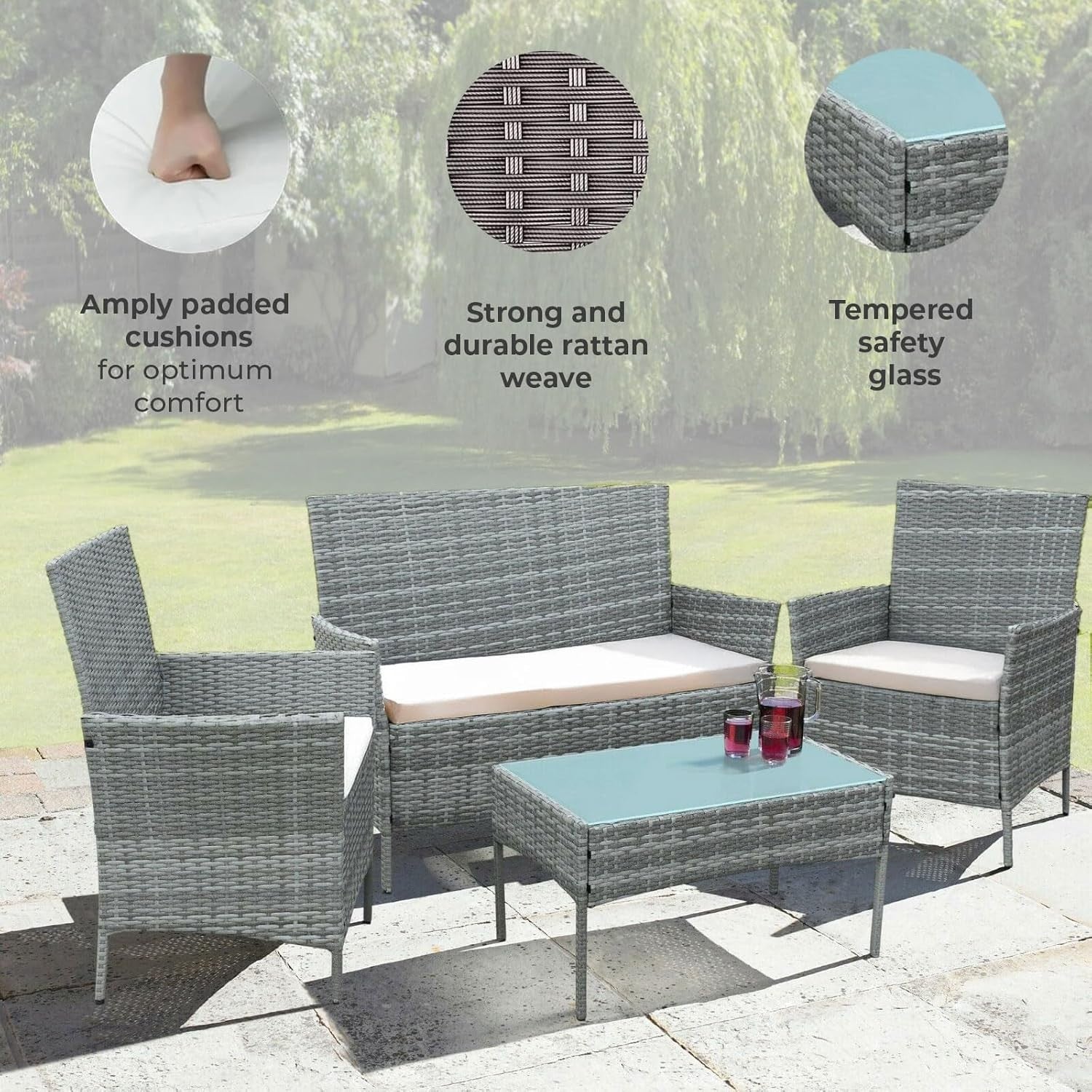 4pc Rattan Garden Furniture Set Patio Sofa Chairs Table Grey Outdoor