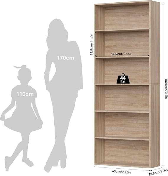 Oak 6-Tier Tall Bookshelf Freestanding Storage Unit Open Display Shelf