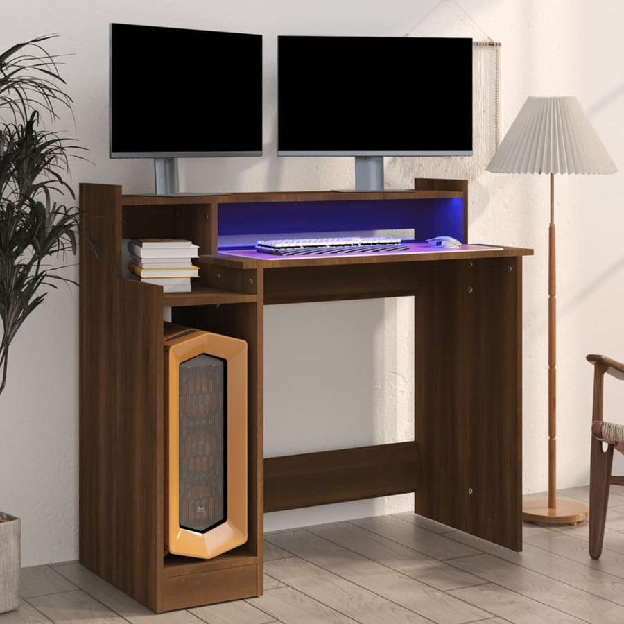 Modern LED Computer Desk 97x45x90cm Brown Oak Workstation Table for Home