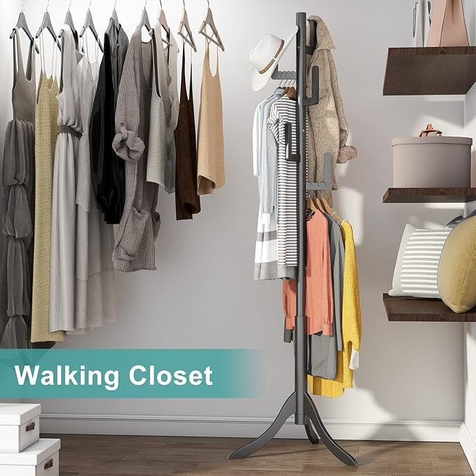 Black Bamboo Coat Rack Freestanding 6 Hooks | Modern Adjustable Wooden Hall Tree