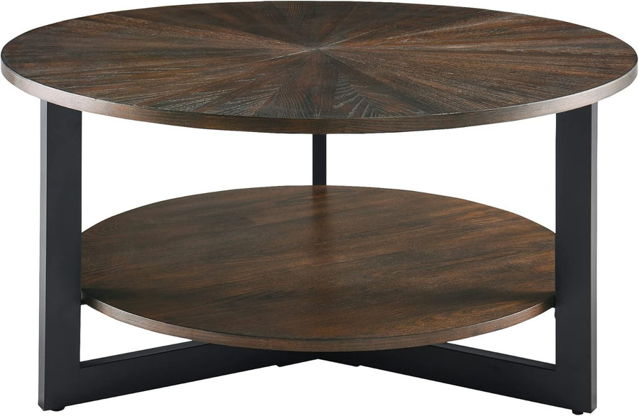 Round 2-Tier Rustic Brown Solid Wood Coffee Table with Storage 85cm