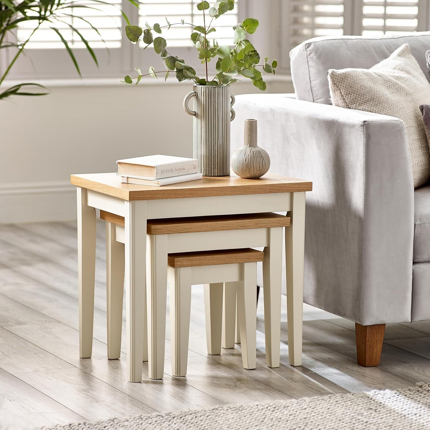 Nest of 3 Solid Wood Nesting Tables Modern Oak Veneer Side End Coffee Set