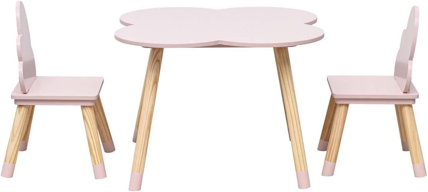 Kids Table & 2 Chairs Set Pink & Brown, Safe Rounded Edges, MDF Pine