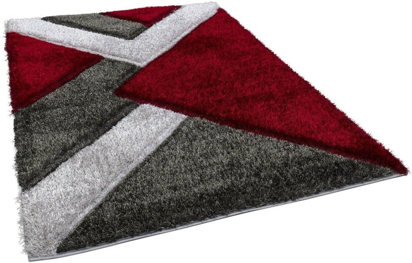 Large Red Grey Geometric Shaggy Rug 160x230cm Soft Non Shed Living Room Carpet