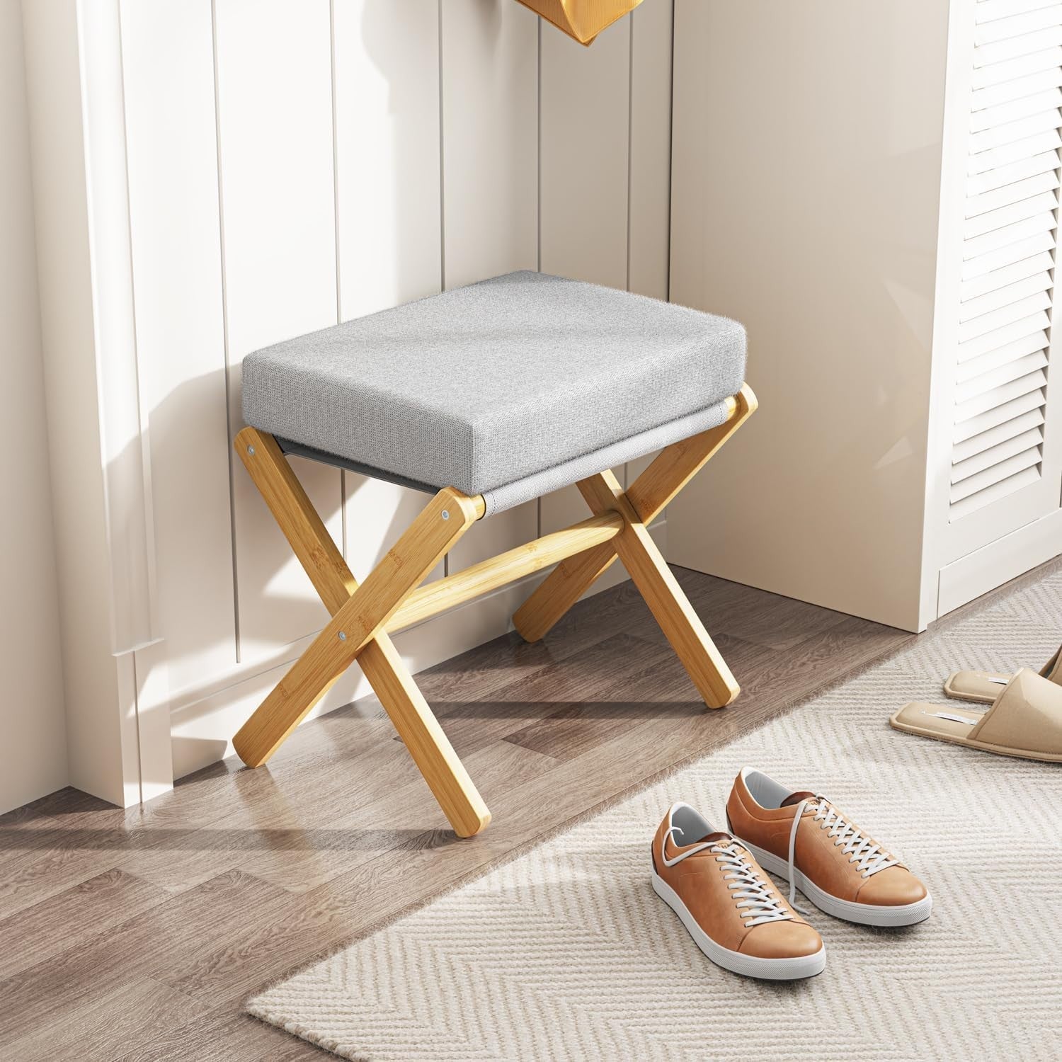 Natural Bamboo Foldable Footstool with Grey Cushion & X-Leg Footrest Design