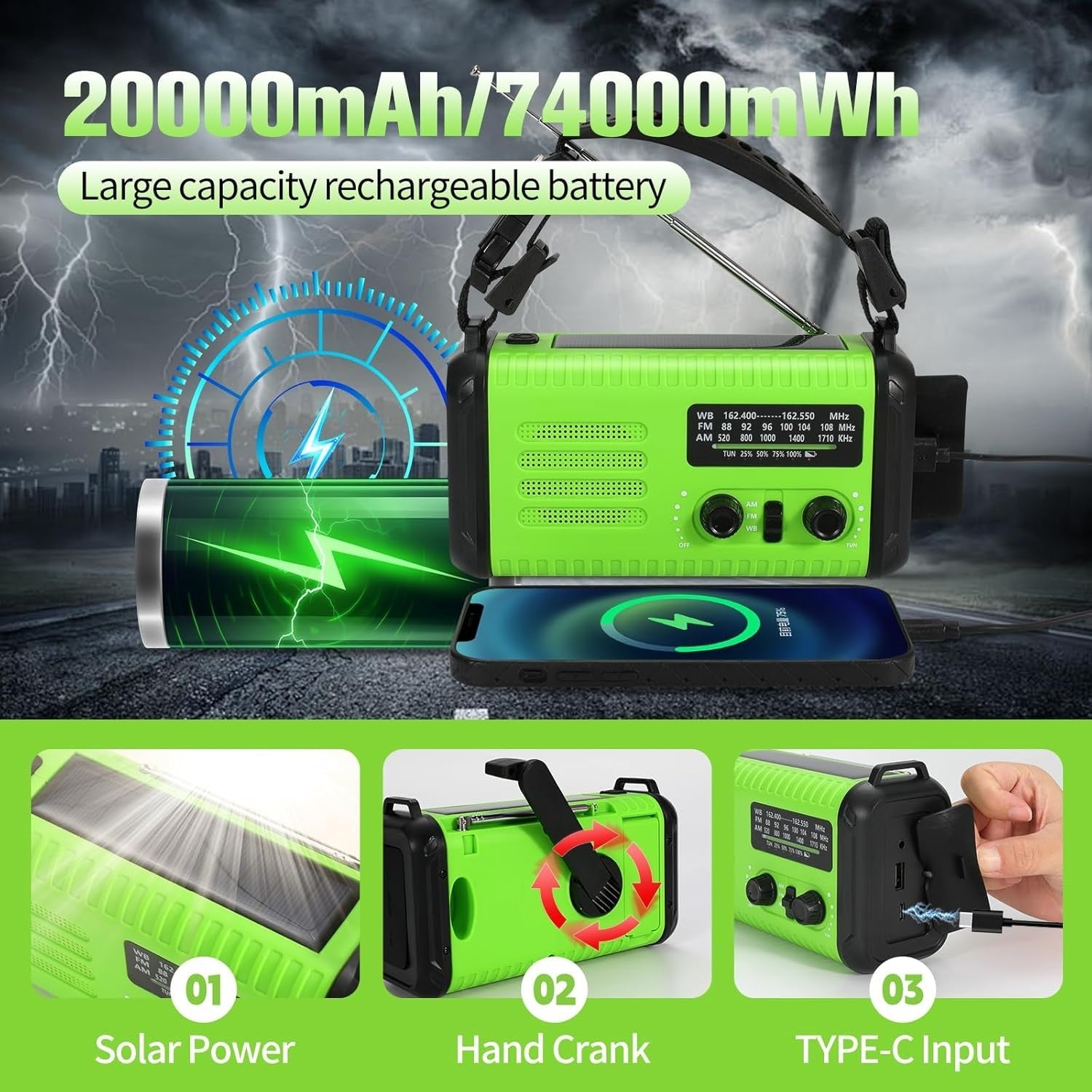 Wind Up Solar Emergency Radio 20000mAh AM/FM NOAA SOS LED Torch