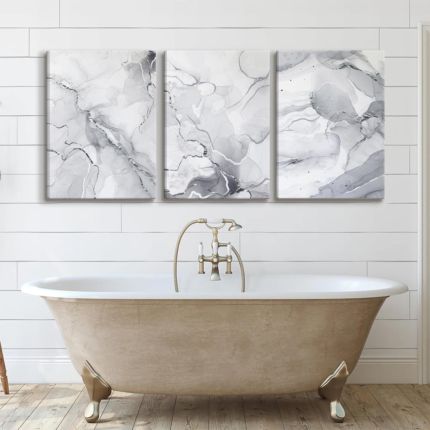 Grey White Marble Canvas Wall Art Set of 3 12x16in Abstract