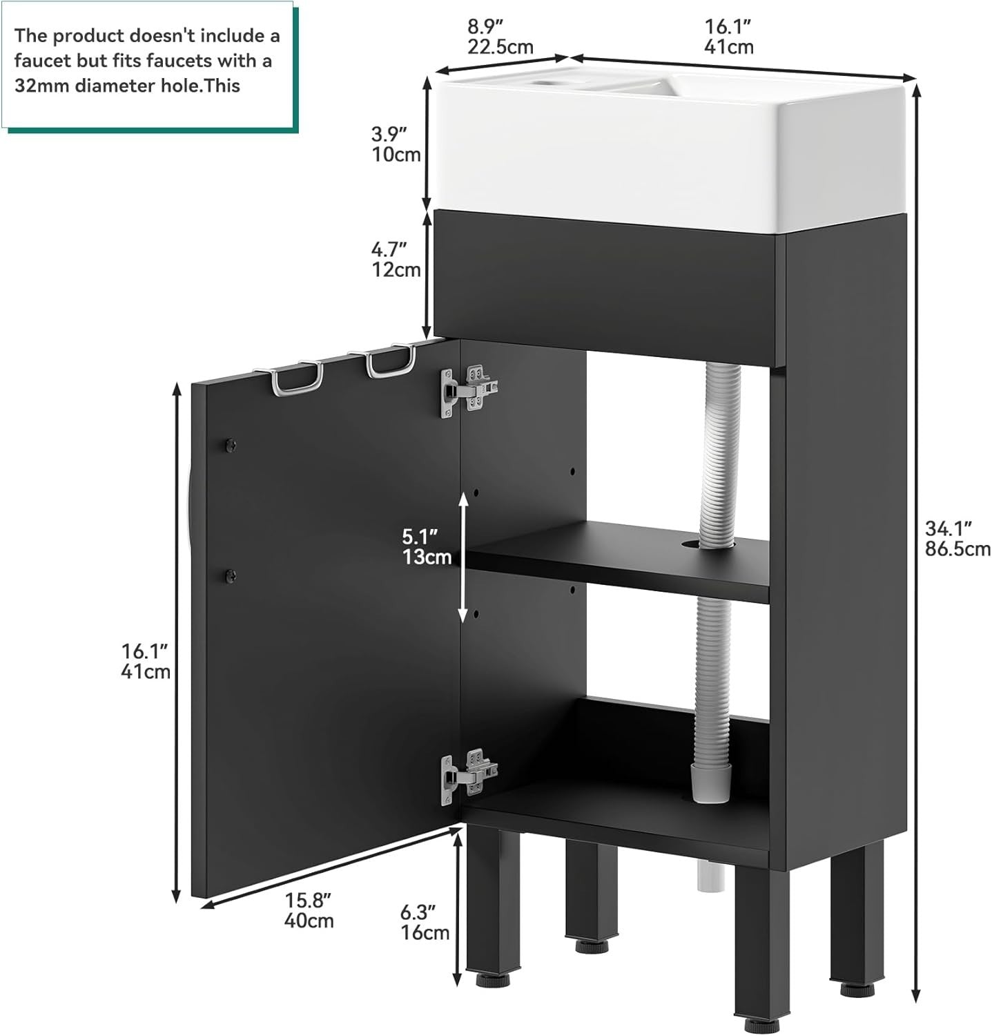 Under Sink Bathroom Vanity Cabinet with Basin & Storage 86.5cm Black