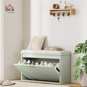 Green Shoe Storage Bench with Cushion & Flip Drawer – Modern Hallway Unit