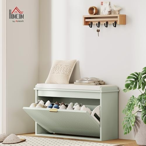 Green Shoe Storage Bench with Cushion & Flip Drawer – Modern Hallway Unit