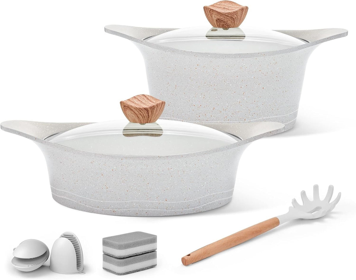 2Pcs Beige Granite Non Stick Casserole Pot Set with Glass Lids, Induction Safe