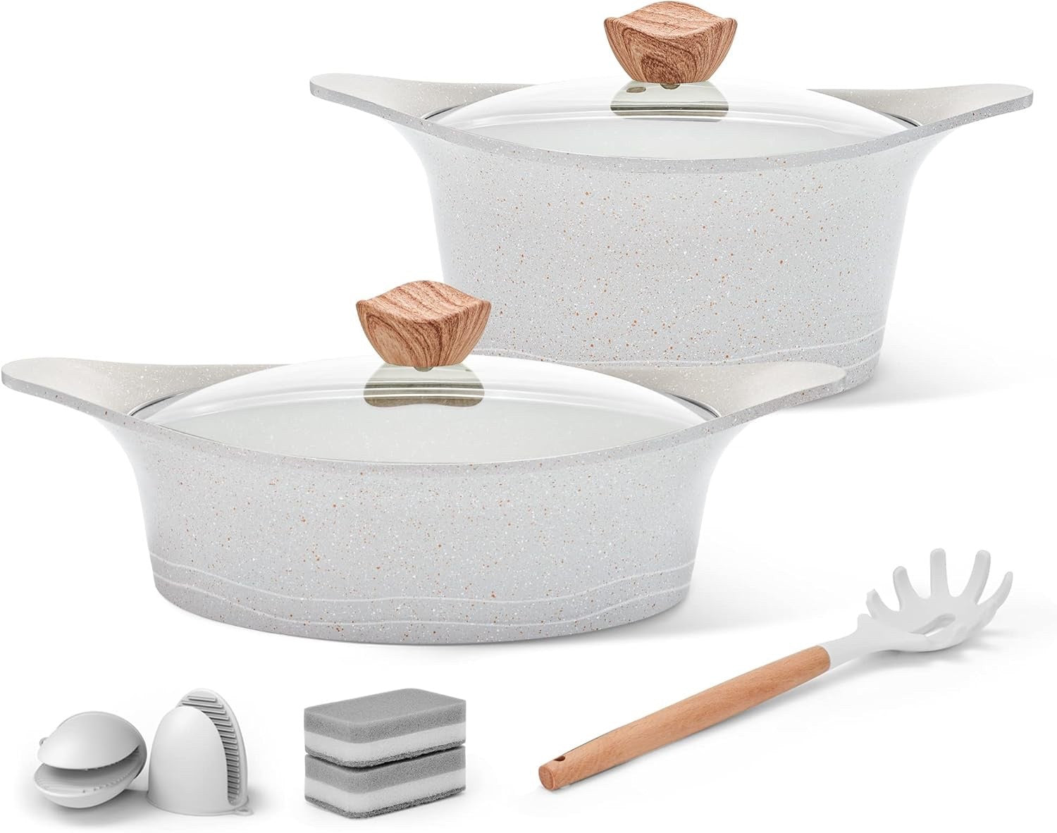 2Pcs Beige Granite Non Stick Casserole Pot Set with Glass Lids, Induction Safe
