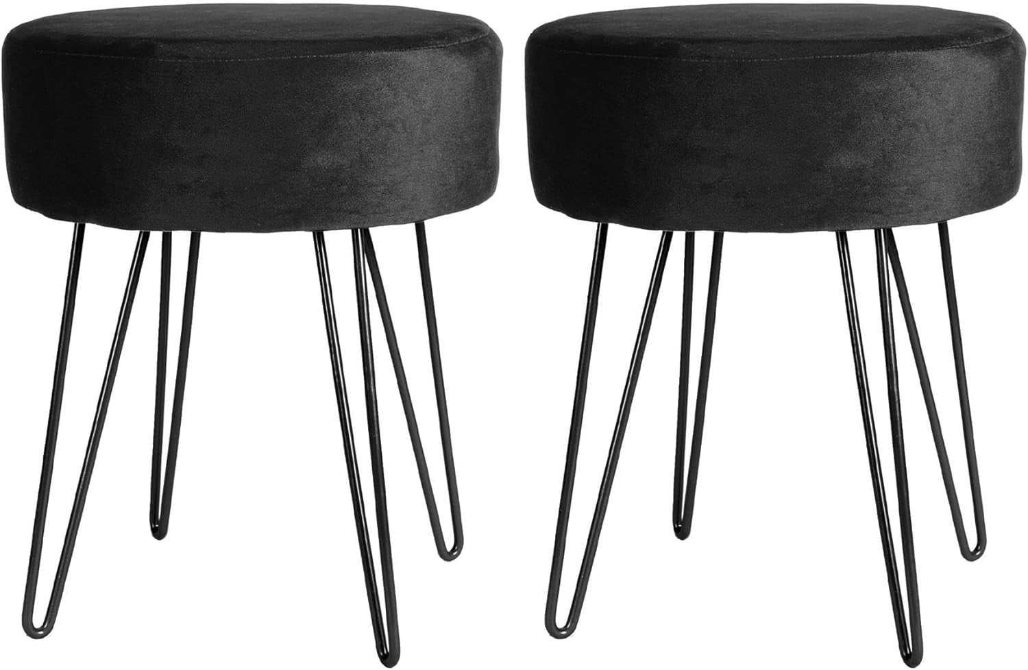 Set of 2 Black Velvet Footstools Hairpin Legs Modern Round Pouffe Seats